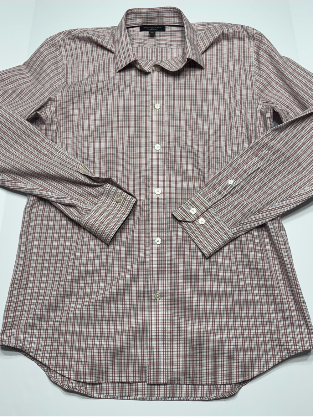 Banana Republic Men's Red and White Checked Dress Shirt